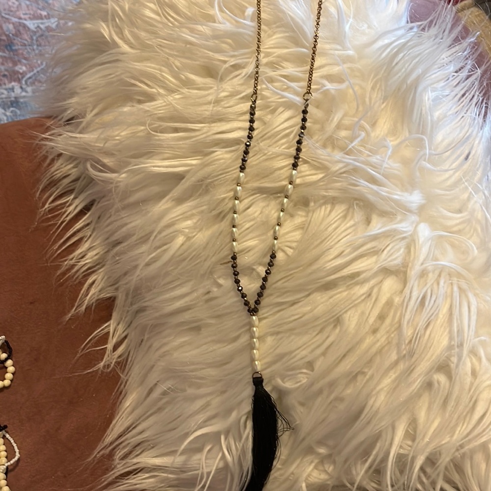 Long tassel necklace.
